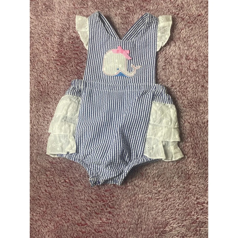 Baby Nursery Rhymes ruffle butt romper 3 Months Whale seersucker